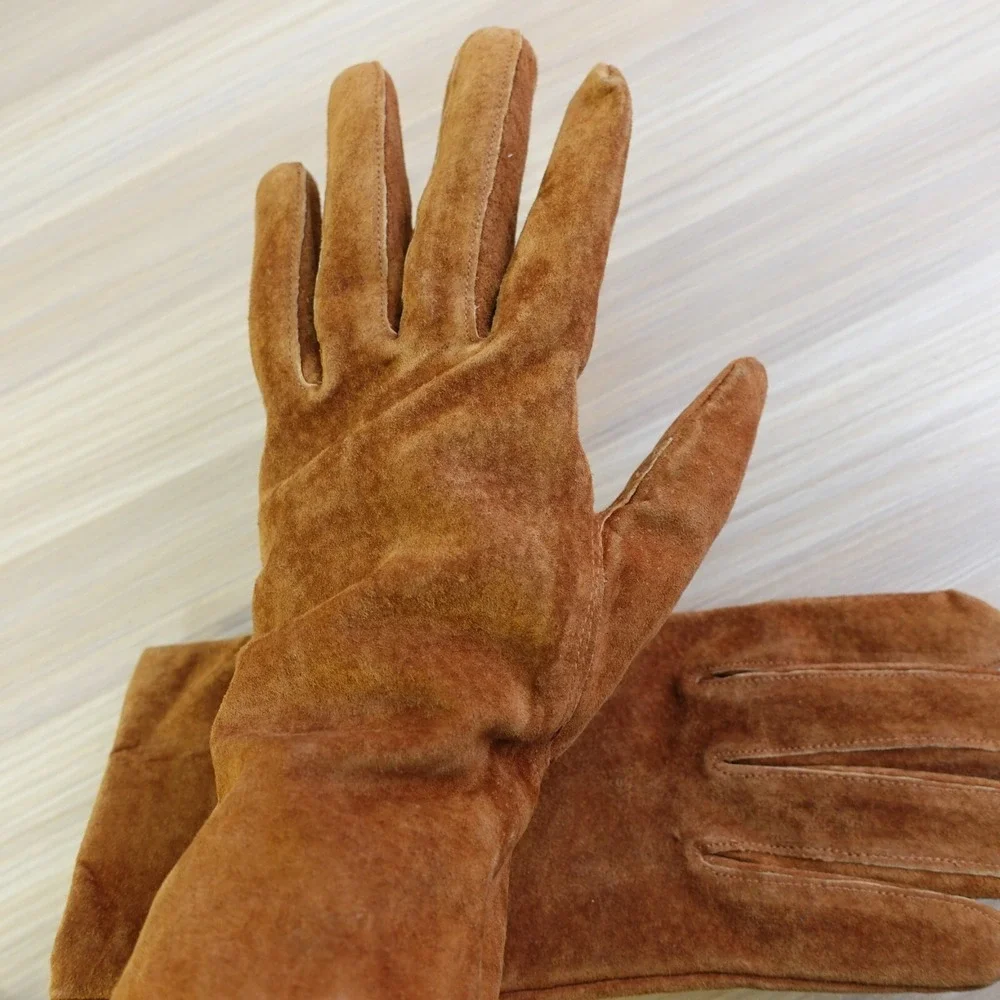 Suede Winter Gloves Women Medium Tan Brown GATES Genuine Leather Pigskin Classic